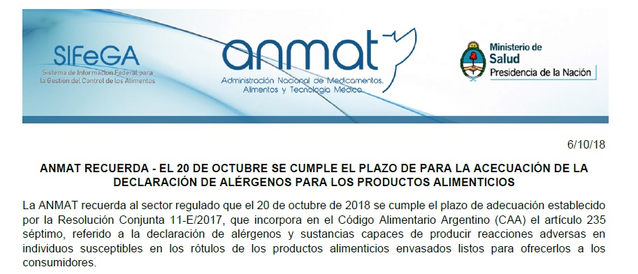 ANMAT - Plan de adecuación del rotulado de alérgenos